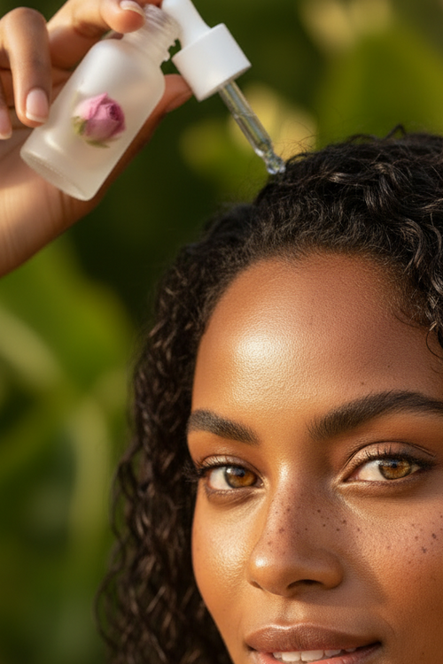 Close up branding shot dark skin woman with freckles wet curls holding oil bottle